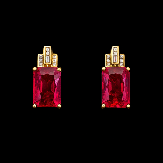 Aretes de Rubí Corte Radiante Oro 14K