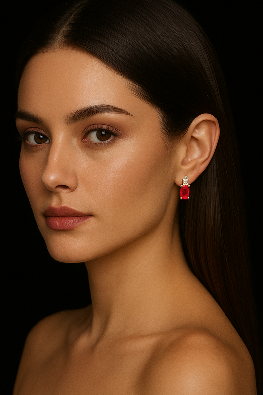 Aretes de Rubí Corte Radiante Oro 14K