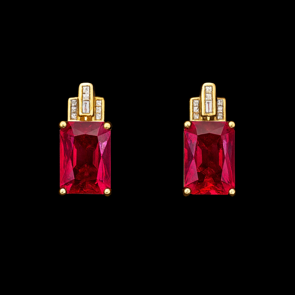 Aretes de Rubí Corte Radiante Oro 14K